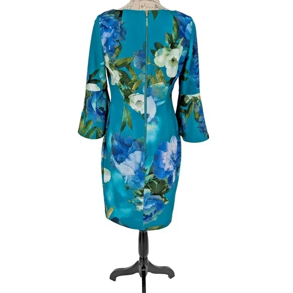 CALVIN KLEIN Midi Dress SIZE 8 Turquoise Blue White Bold Floral Easter GREAT - Picture 4 of 13